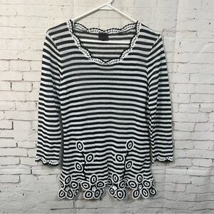 Black White Stripe Size Medium Open Knit Sweater Crochet Flower Trim Women
